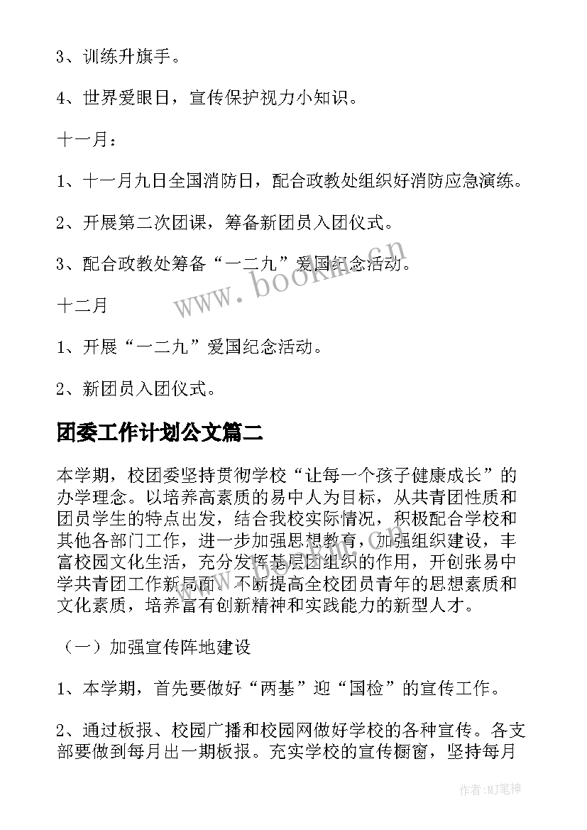 2023年团委工作计划公文(精选8篇)