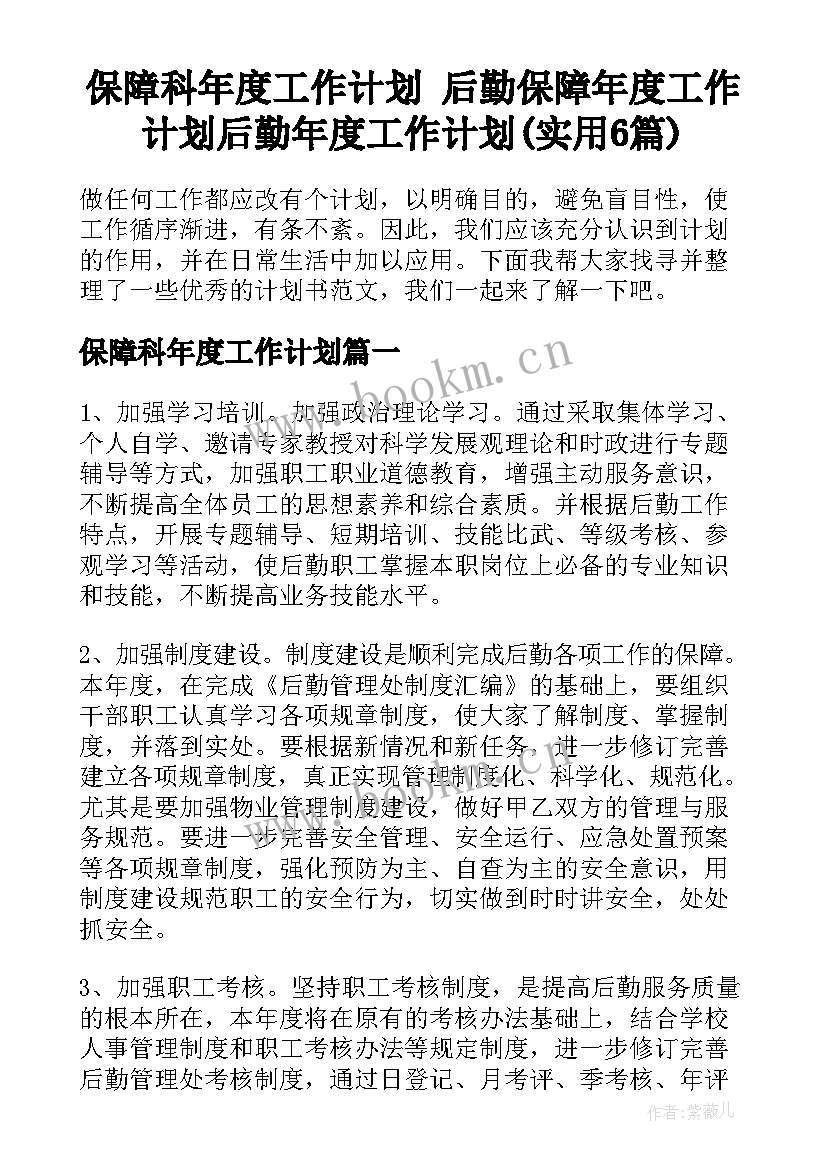 保障科年度工作计划 后勤保障年度工作计划后勤年度工作计划(实用6篇)