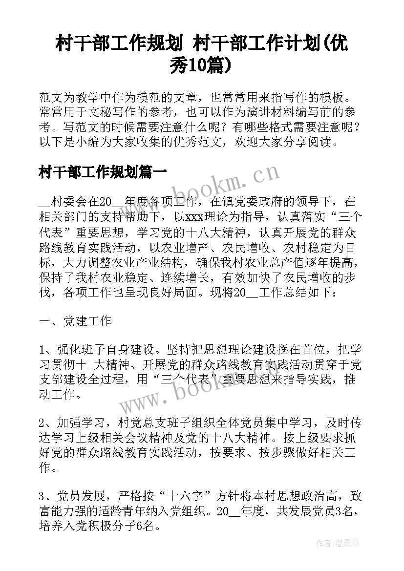 村干部工作规划 村干部工作计划(优秀10篇)