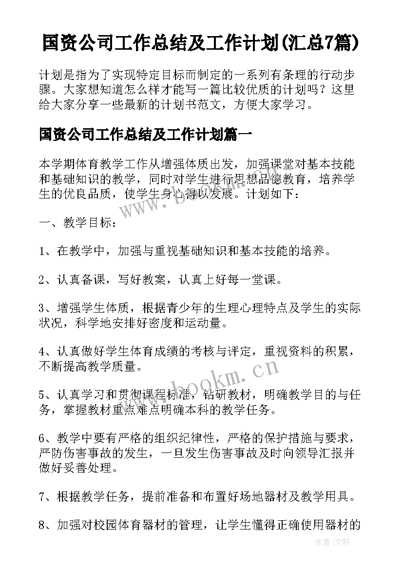 国资公司工作总结及工作计划(汇总7篇)