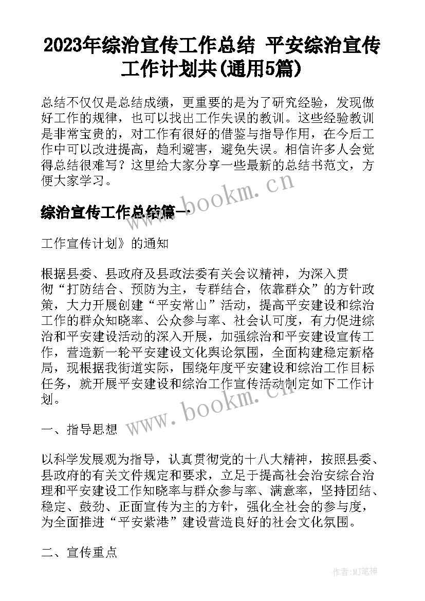 2023年综治宣传工作总结 平安综治宣传工作计划共(通用5篇)