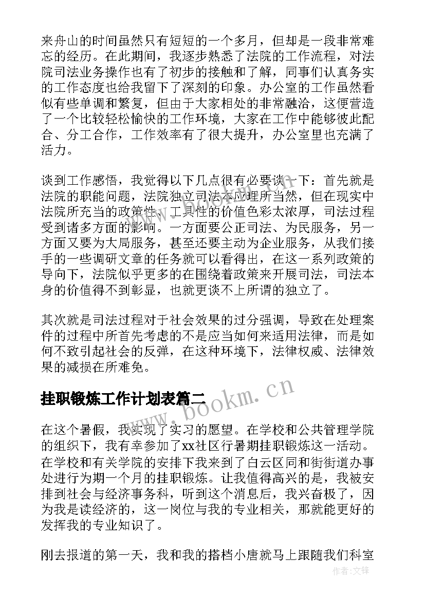 最新挂职锻炼工作计划表(精选5篇)