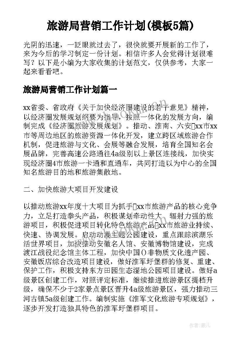 旅游局营销工作计划(模板5篇)