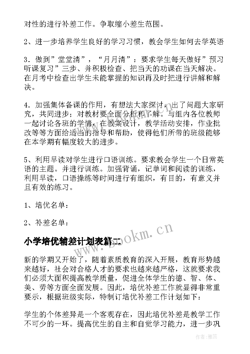 2023年小学培优辅差计划表 培优辅差工作计划(通用9篇)