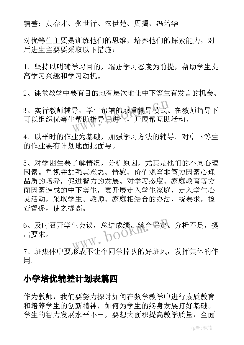 2023年小学培优辅差计划表 培优辅差工作计划(通用9篇)