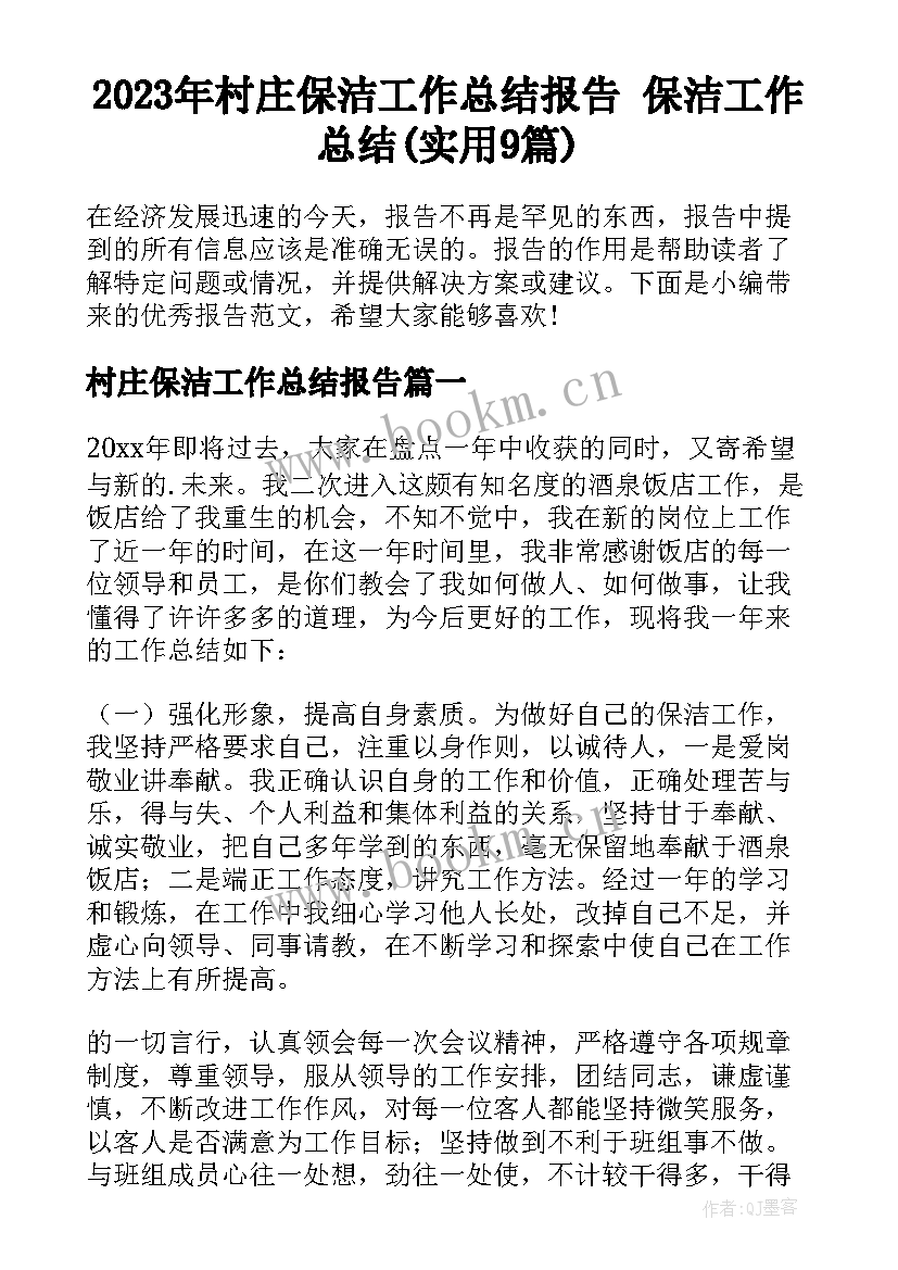 2023年村庄保洁工作总结报告 保洁工作总结(实用9篇)