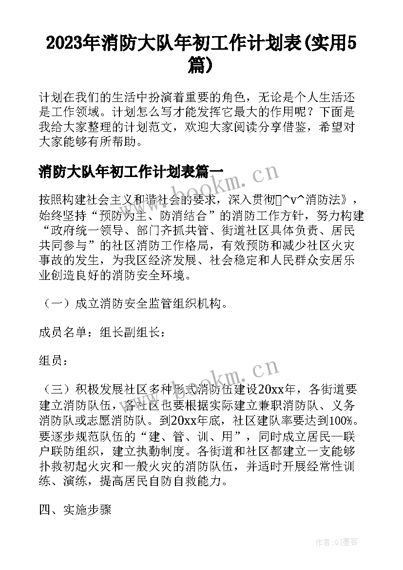 2023年消防大队年初工作计划表(实用5篇)