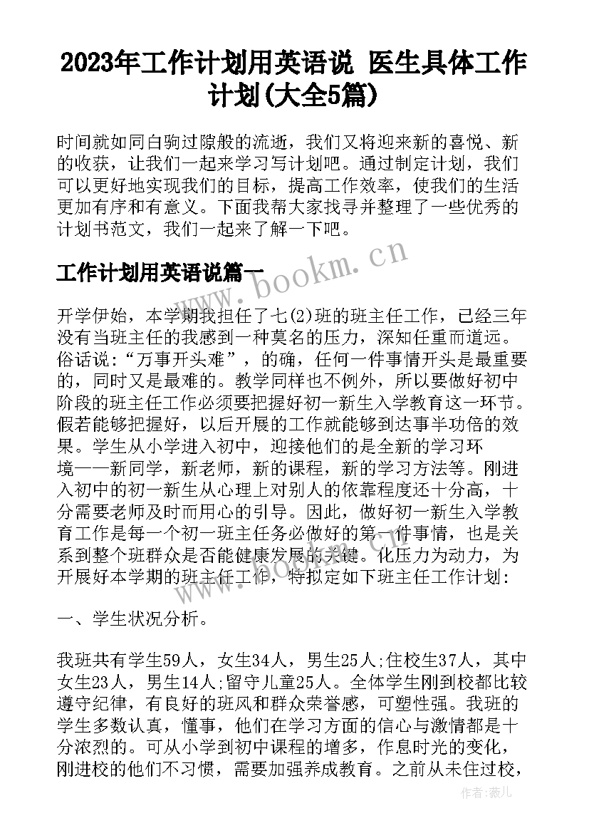 2023年工作计划用英语说 医生具体工作计划(大全5篇)