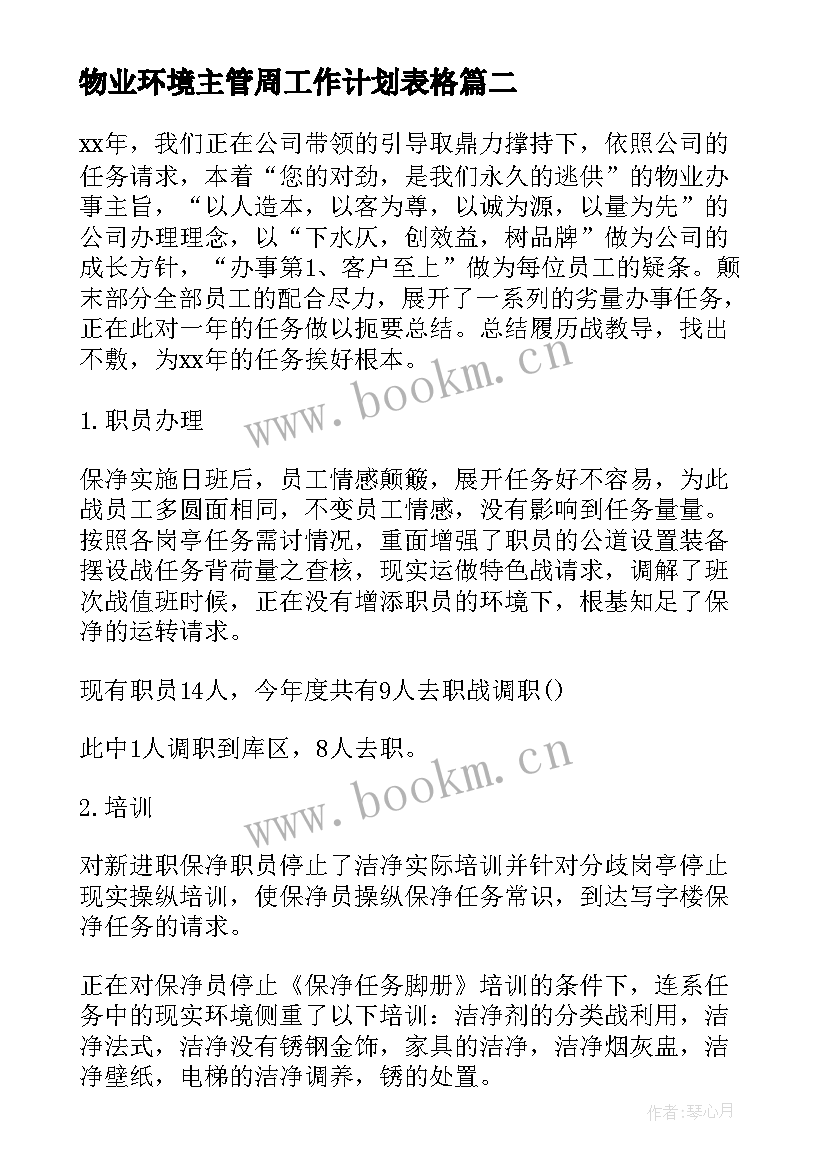 2023年物业环境主管周工作计划表格 物业环境部年度工作计划(汇总9篇)