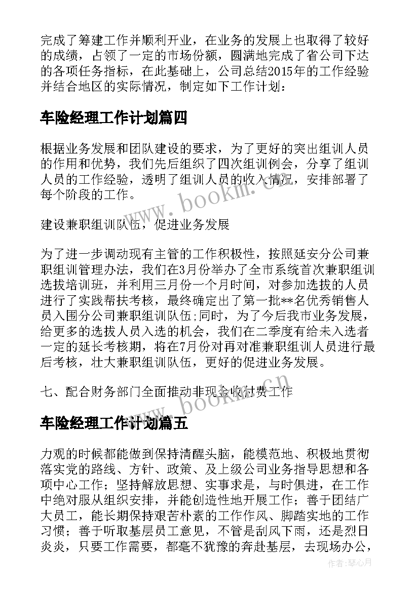 2023年车险经理工作计划(优质5篇)