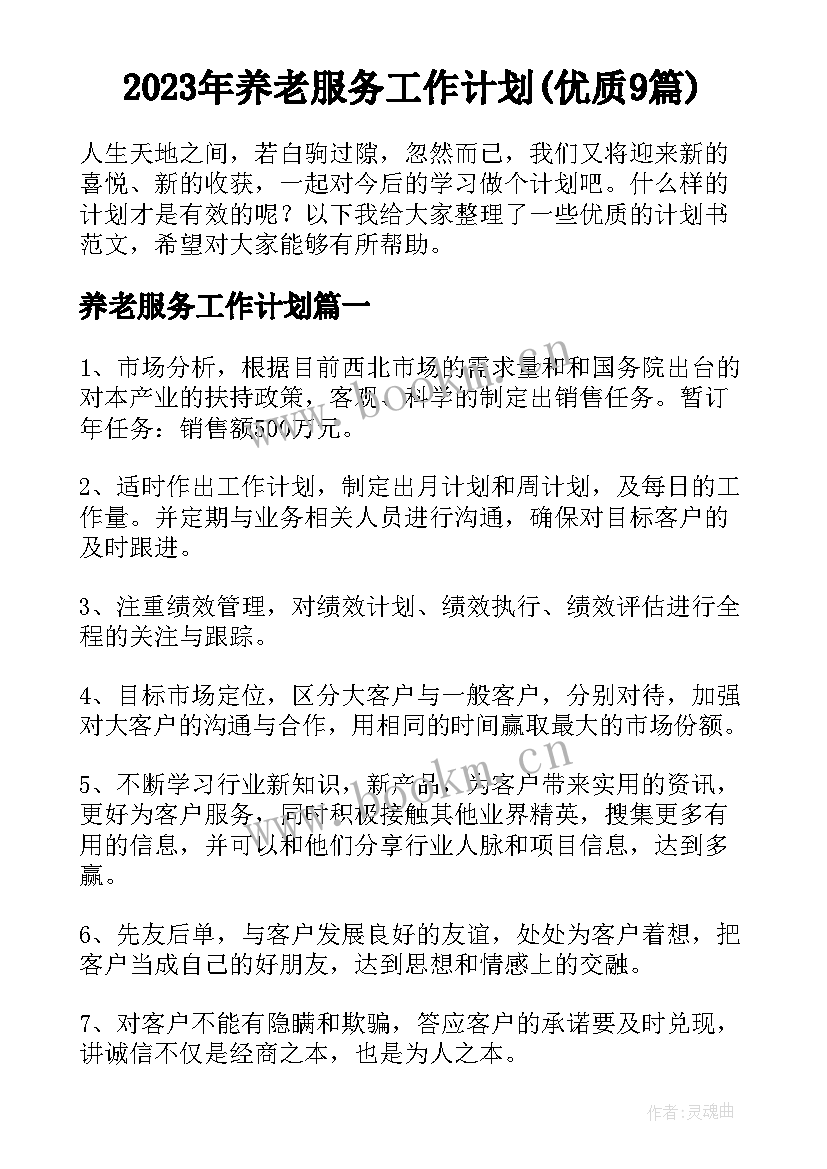 2023年养老服务工作计划(优质9篇)