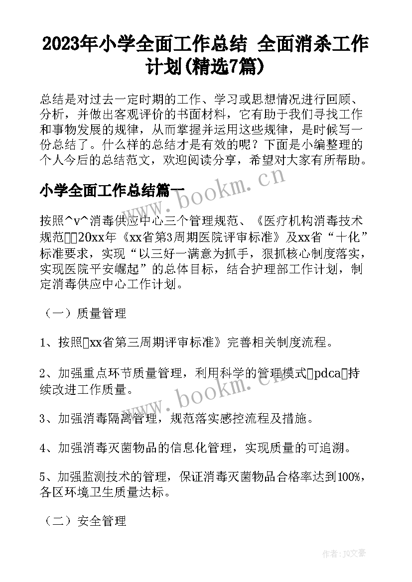 2023年小学全面工作总结 全面消杀工作计划(精选7篇)