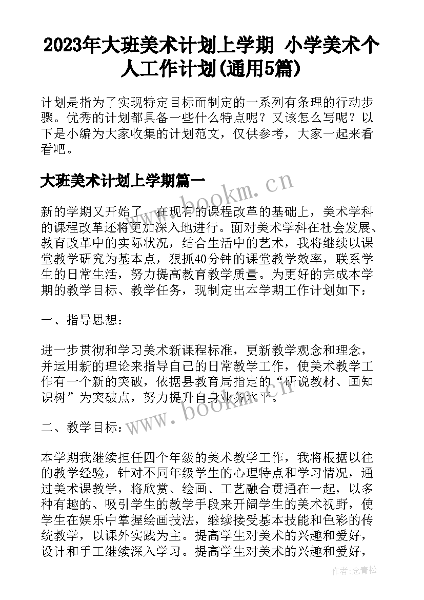 2023年大班美术计划上学期 小学美术个人工作计划(通用5篇)