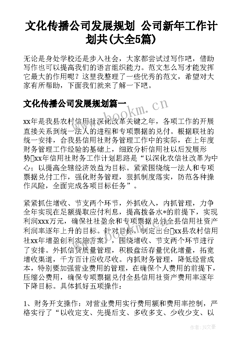 文化传播公司发展规划 公司新年工作计划共(大全5篇)