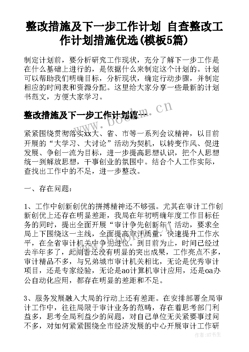 整改措施及下一步工作计划 自查整改工作计划措施优选(模板5篇)