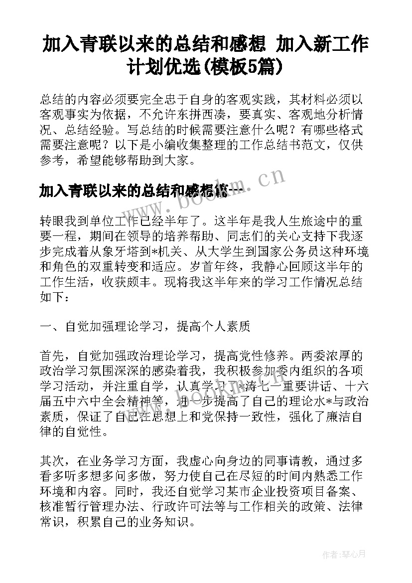 加入青联以来的总结和感想 加入新工作计划优选(模板5篇)