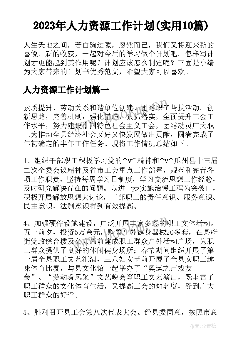 2023年人力资源工作计划(实用10篇)