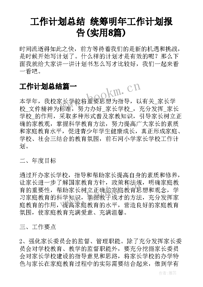 工作计划总结 统筹明年工作计划报告(实用8篇)