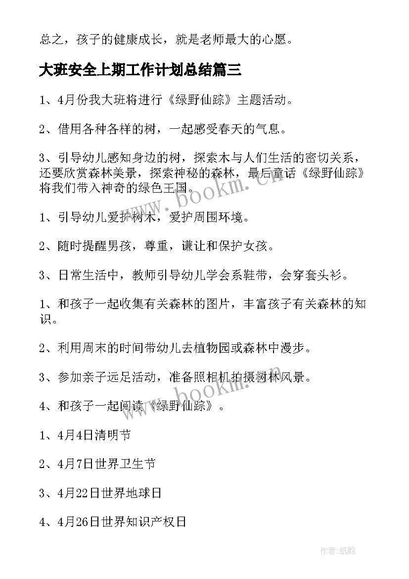 大班安全上期工作计划总结(精选7篇)