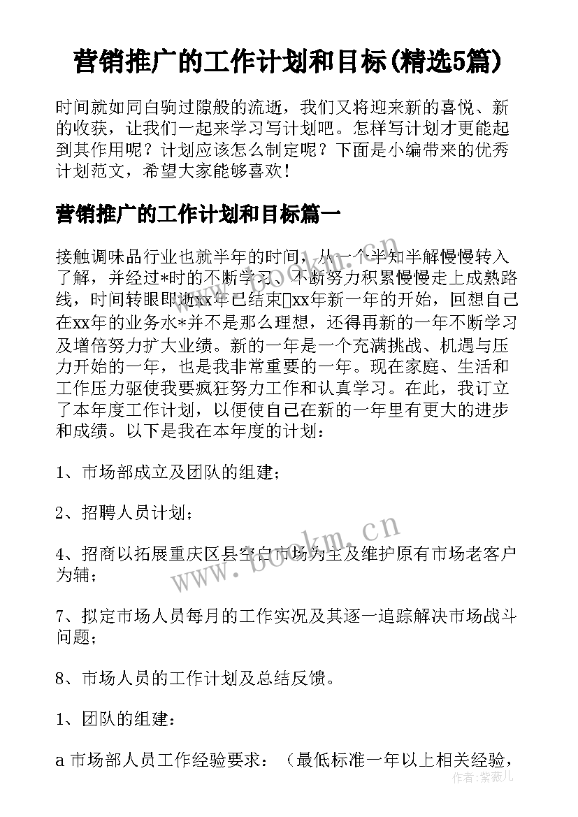 营销推广的工作计划和目标(精选5篇)