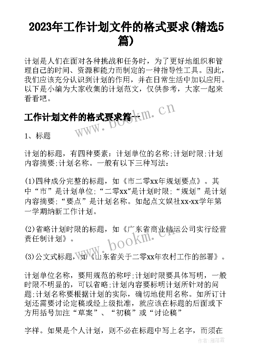 2023年工作计划文件的格式要求(精选5篇)