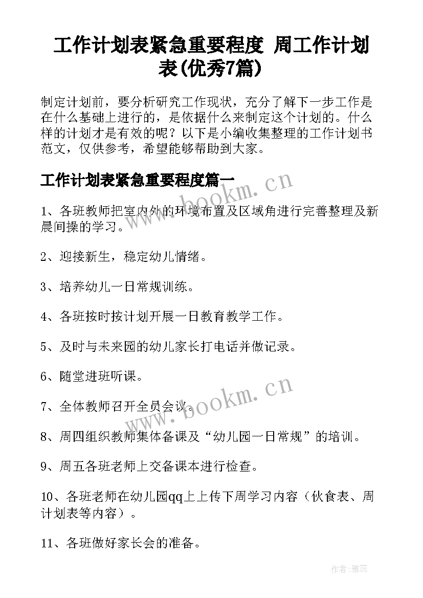 工作计划表紧急重要程度 周工作计划表(优秀7篇)