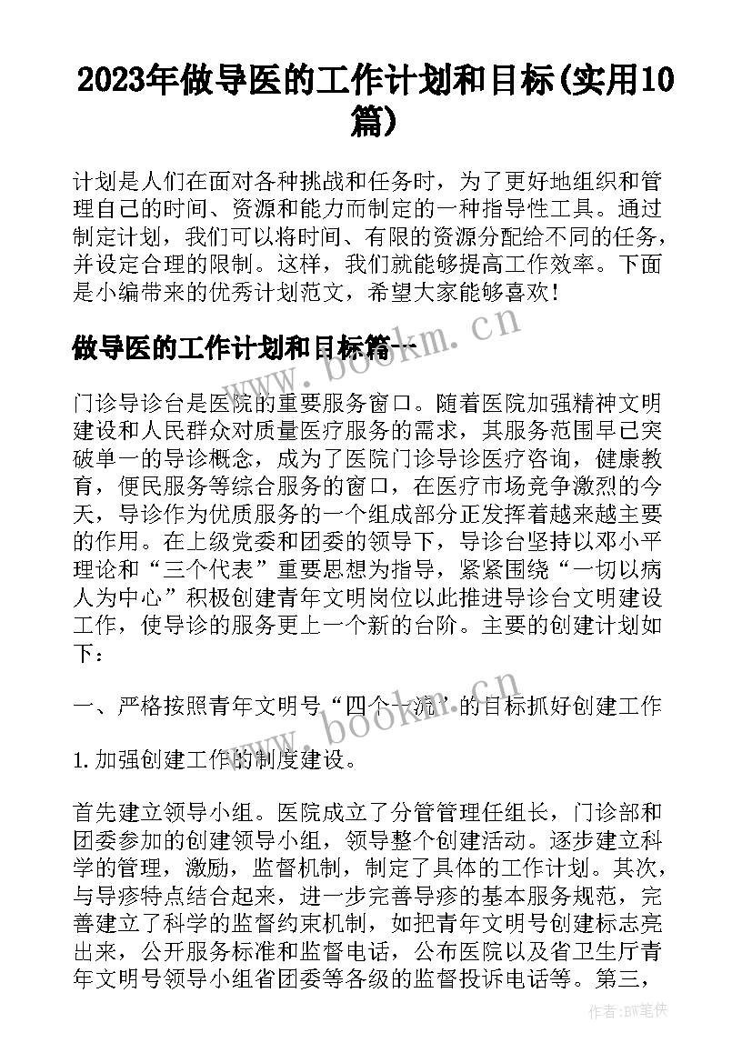 2023年做导医的工作计划和目标(实用10篇)