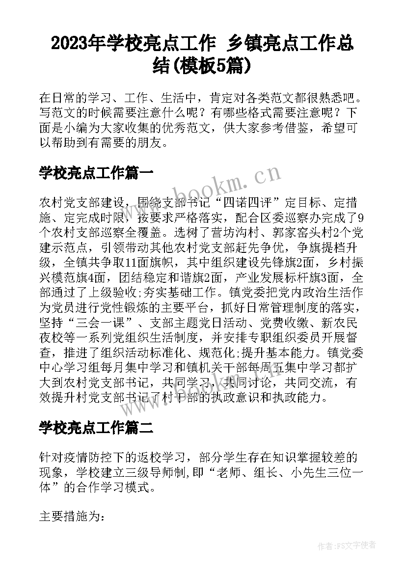 2023年学校亮点工作 乡镇亮点工作总结(模板5篇)