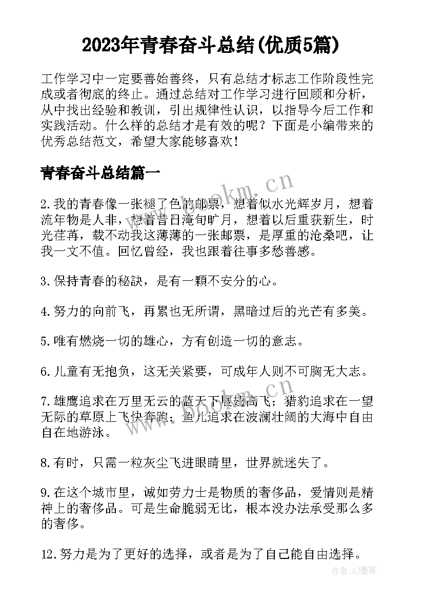 2023年青春奋斗总结(优质5篇)