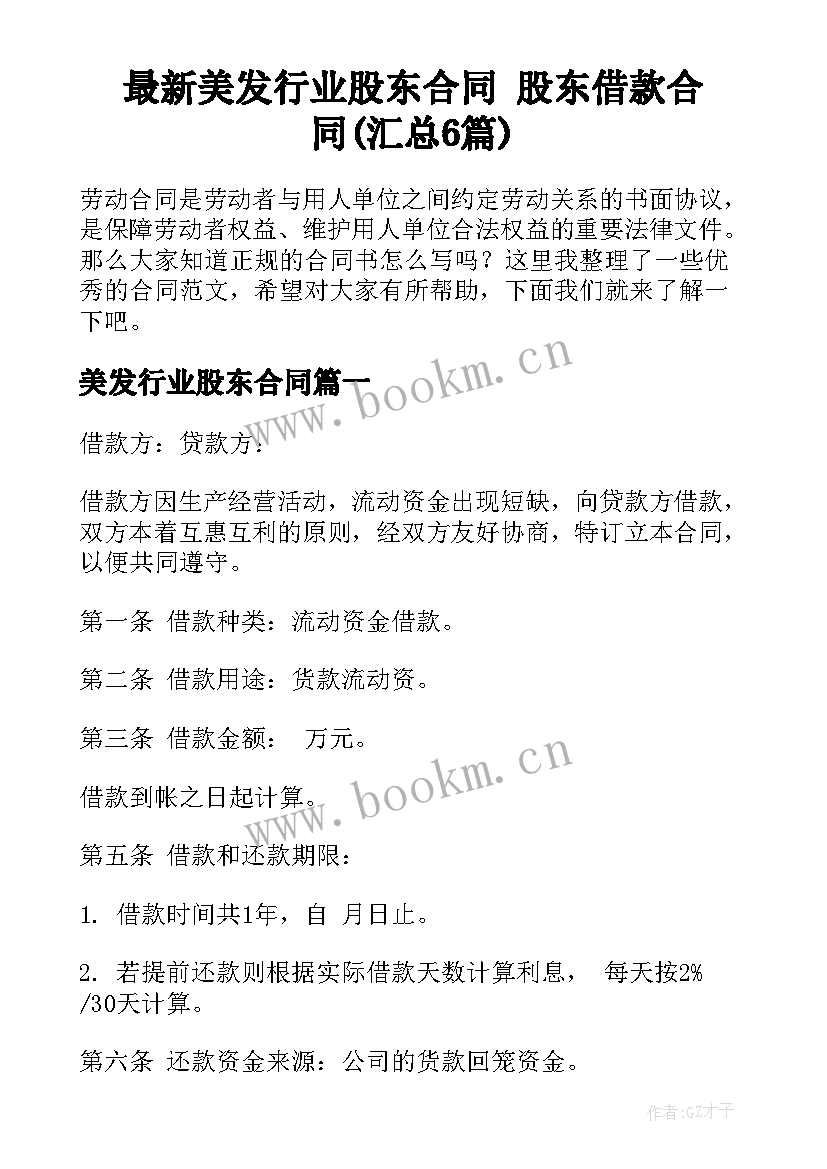 最新美发行业股东合同 股东借款合同(汇总6篇)