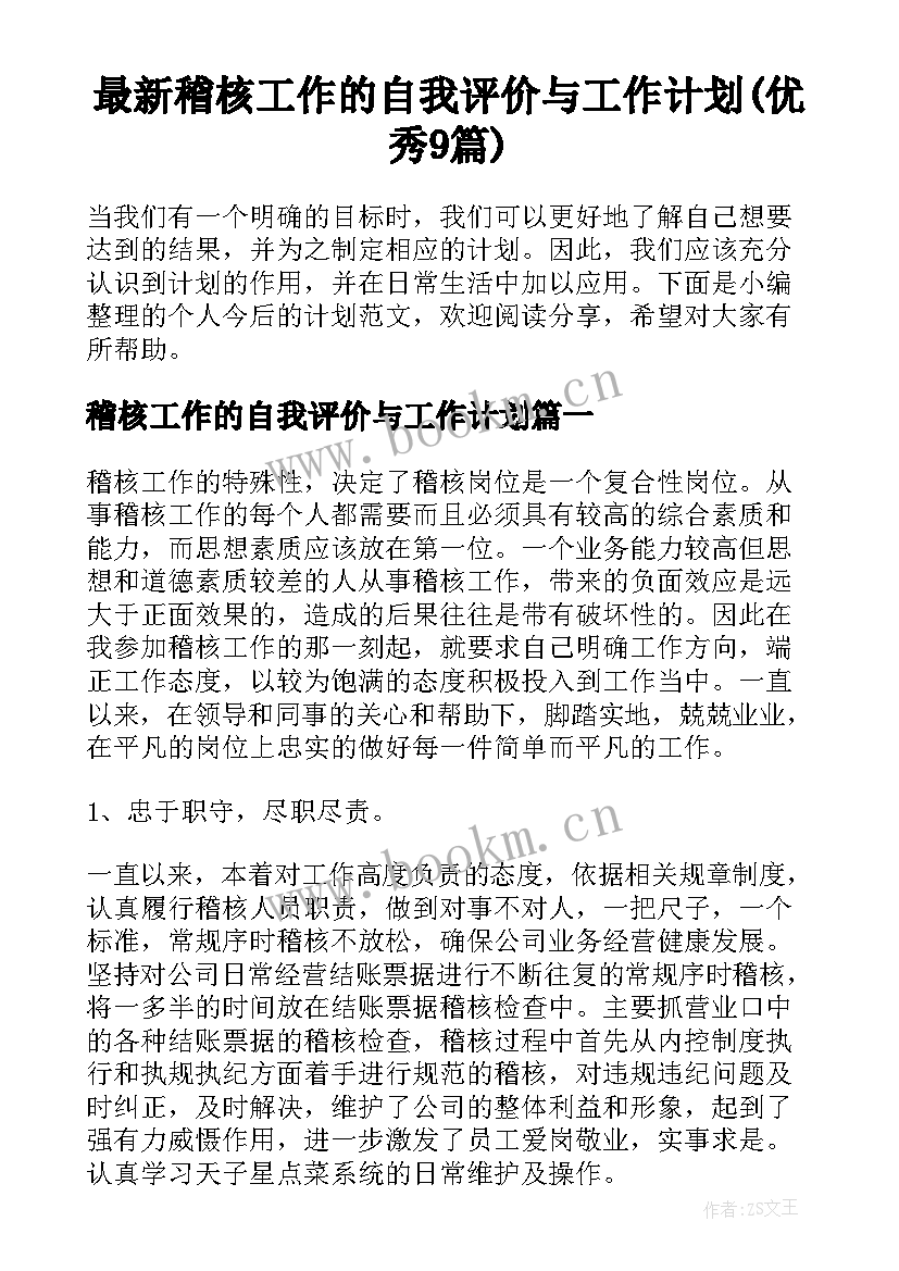 最新稽核工作的自我评价与工作计划(优秀9篇)