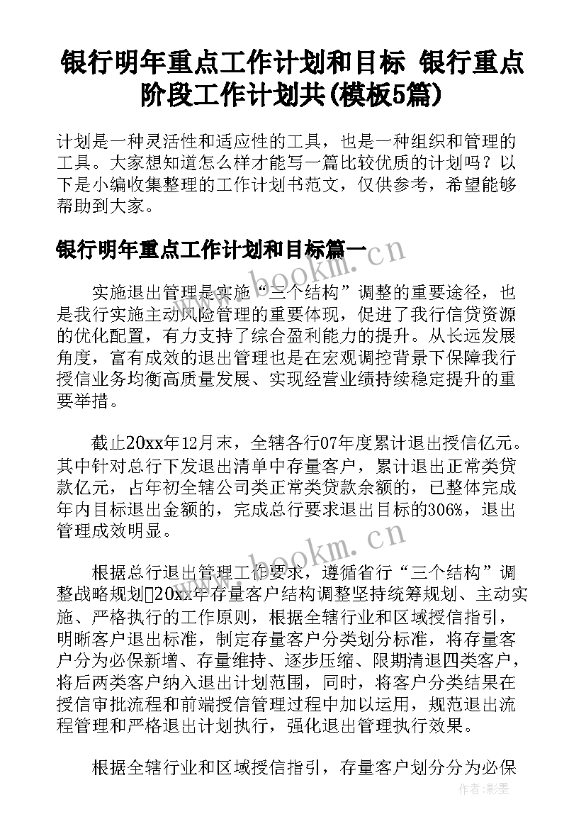 银行明年重点工作计划和目标 银行重点阶段工作计划共(模板5篇)