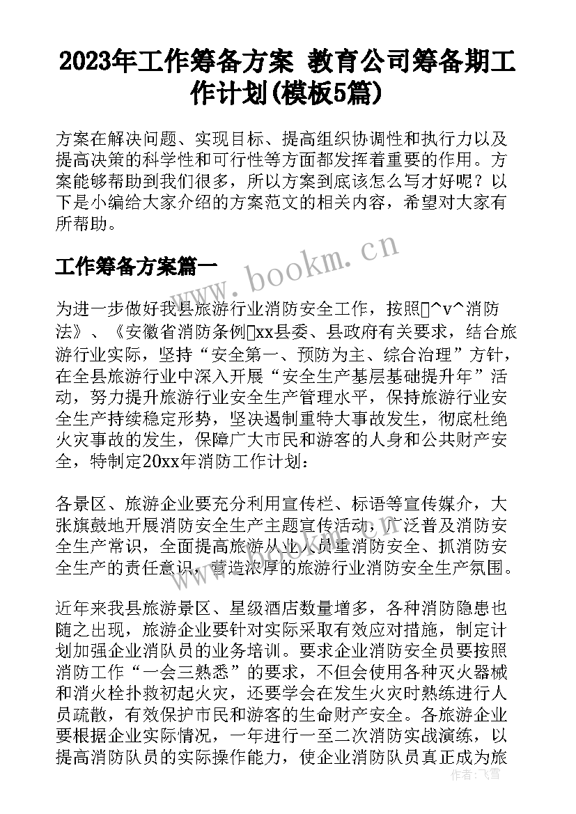 2023年工作筹备方案 教育公司筹备期工作计划(模板5篇)