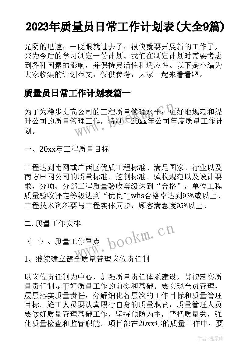 2023年质量员日常工作计划表(大全9篇)