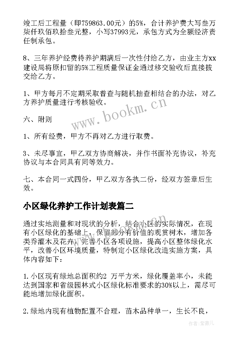 2023年小区绿化养护工作计划表 小区绿化养护方案(汇总5篇)