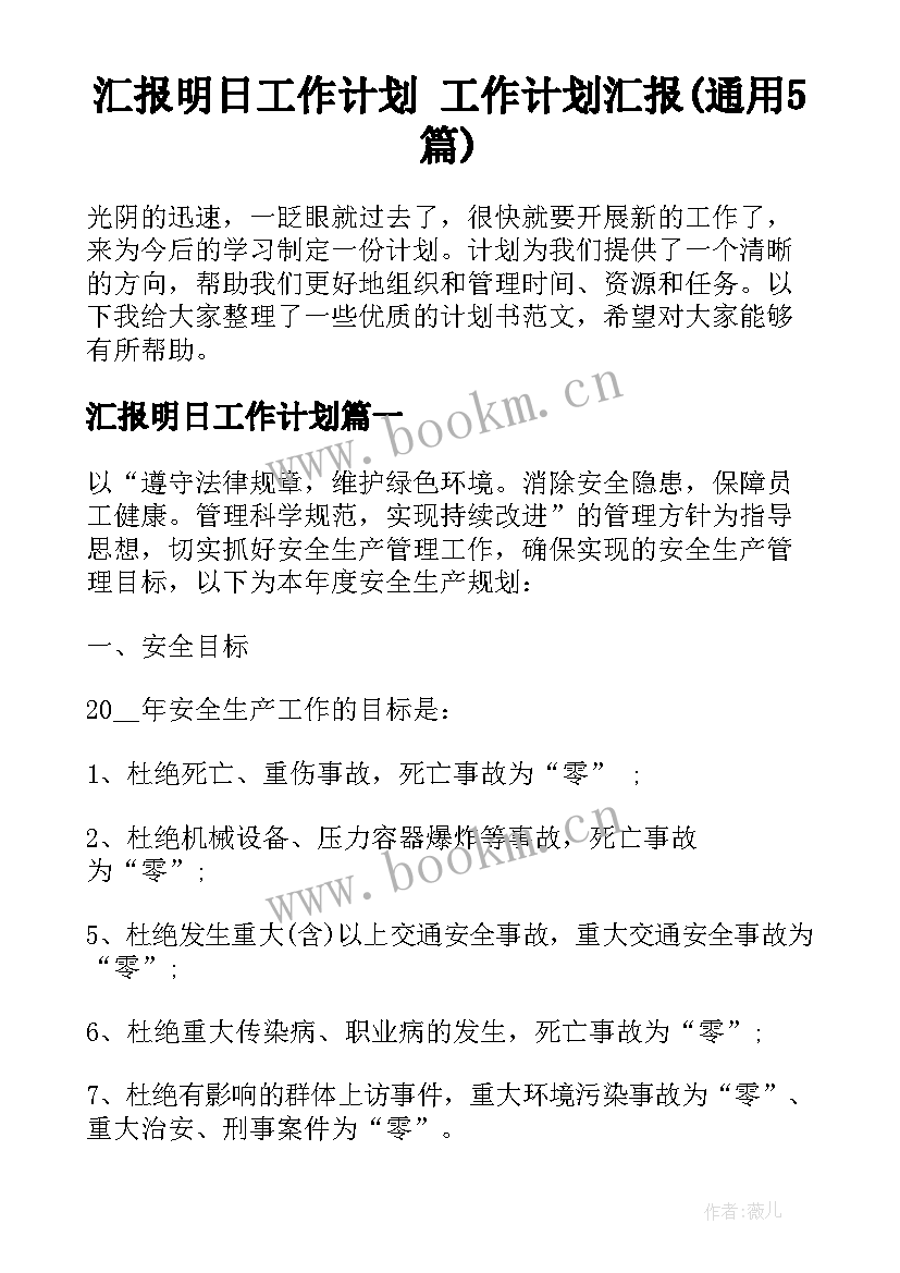 汇报明日工作计划 工作计划汇报(通用5篇)