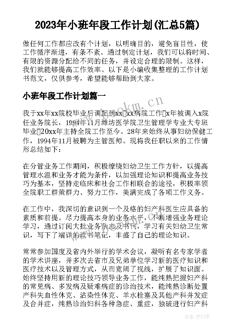 2023年小班年段工作计划(汇总5篇)