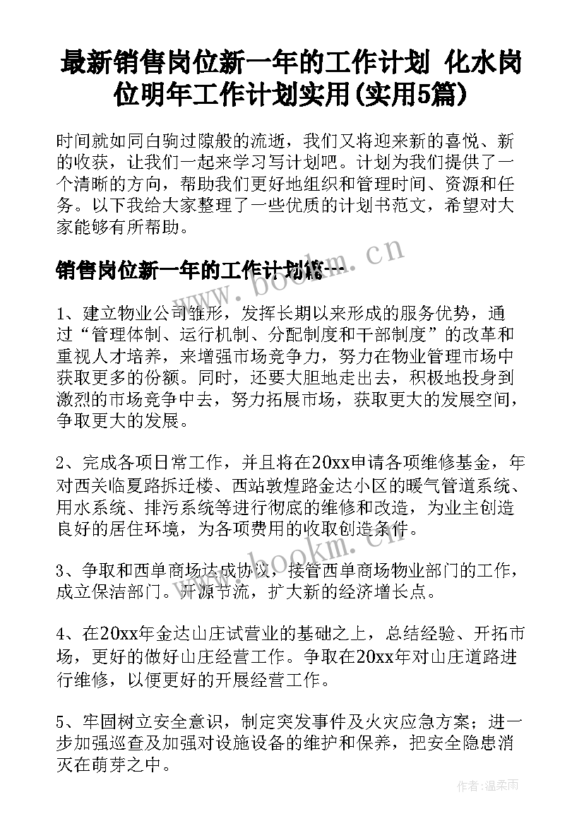 最新销售岗位新一年的工作计划 化水岗位明年工作计划实用(实用5篇)