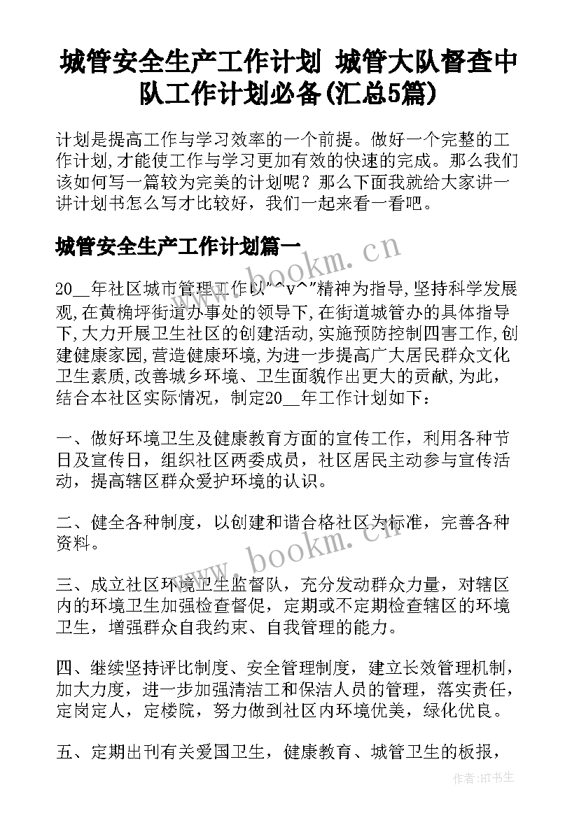 城管安全生产工作计划 城管大队督查中队工作计划必备(汇总5篇)