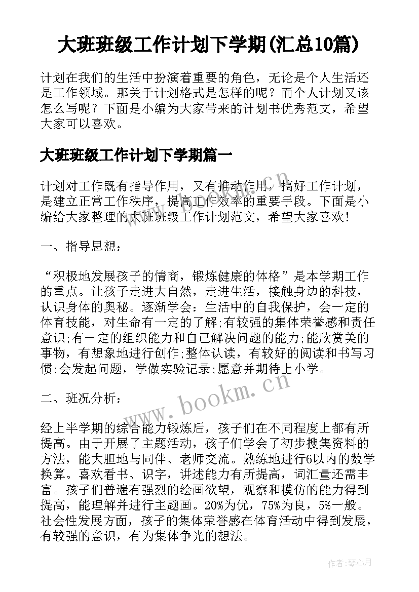 大班班级工作计划下学期(汇总10篇)