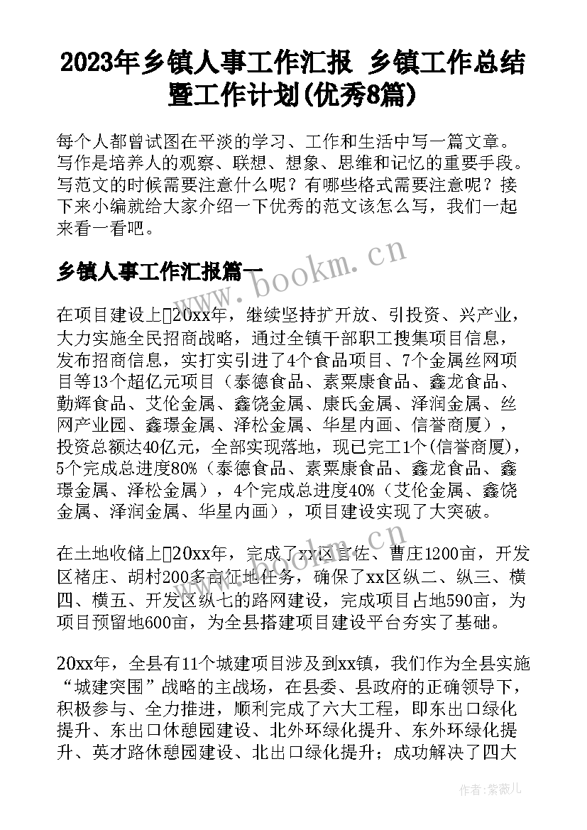 2023年乡镇人事工作汇报 乡镇工作总结暨工作计划(优秀8篇)