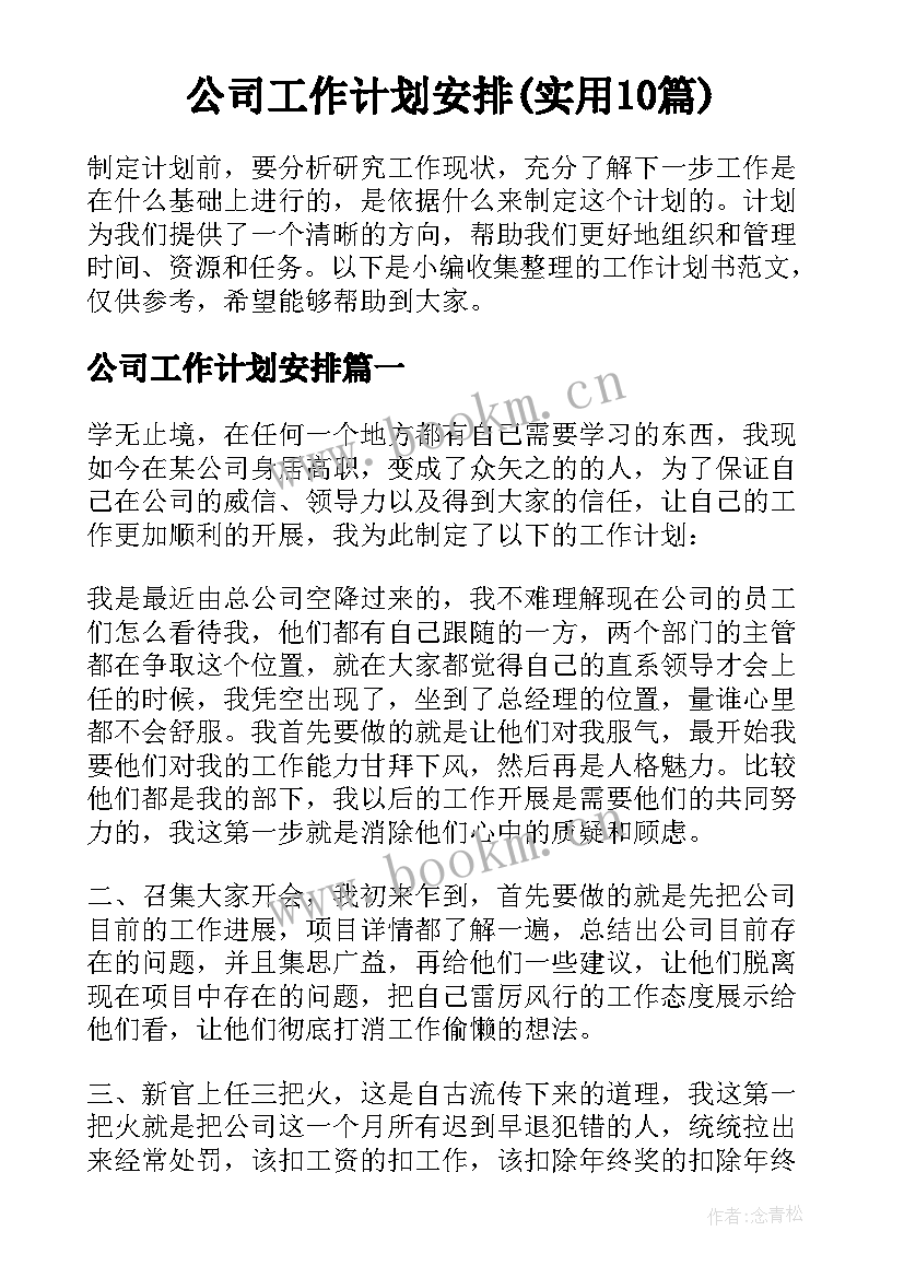 公司工作计划安排(实用10篇)