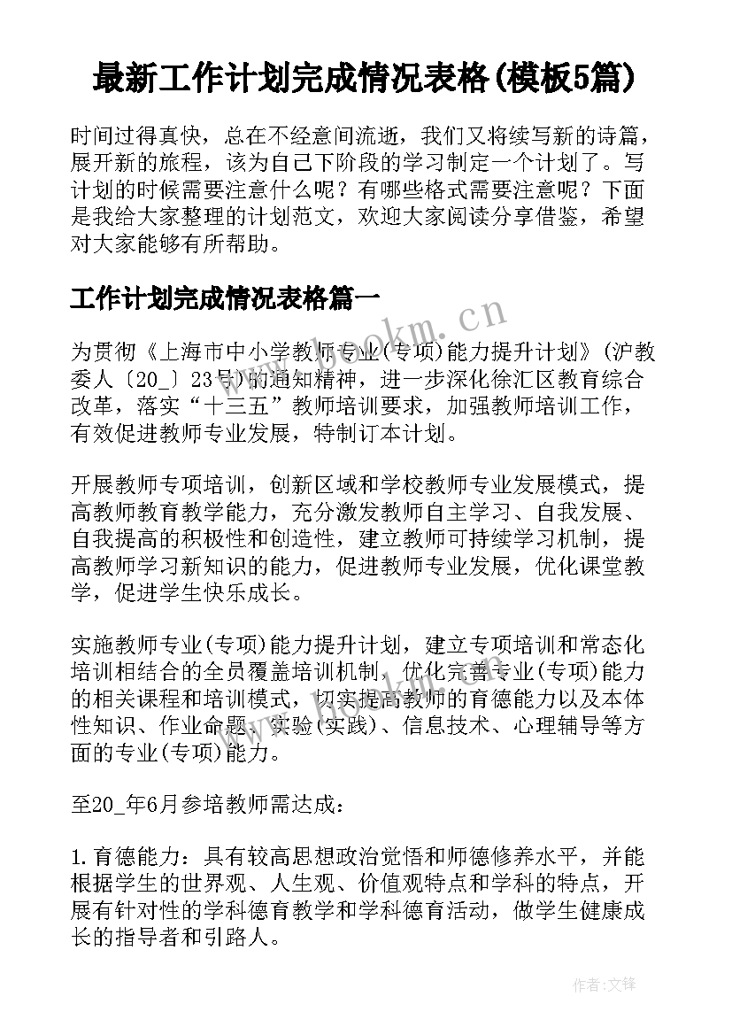 最新工作计划完成情况表格(模板5篇)