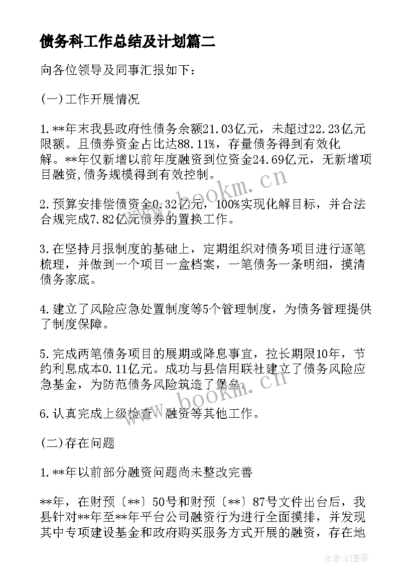 2023年债务科工作总结及计划(精选5篇)