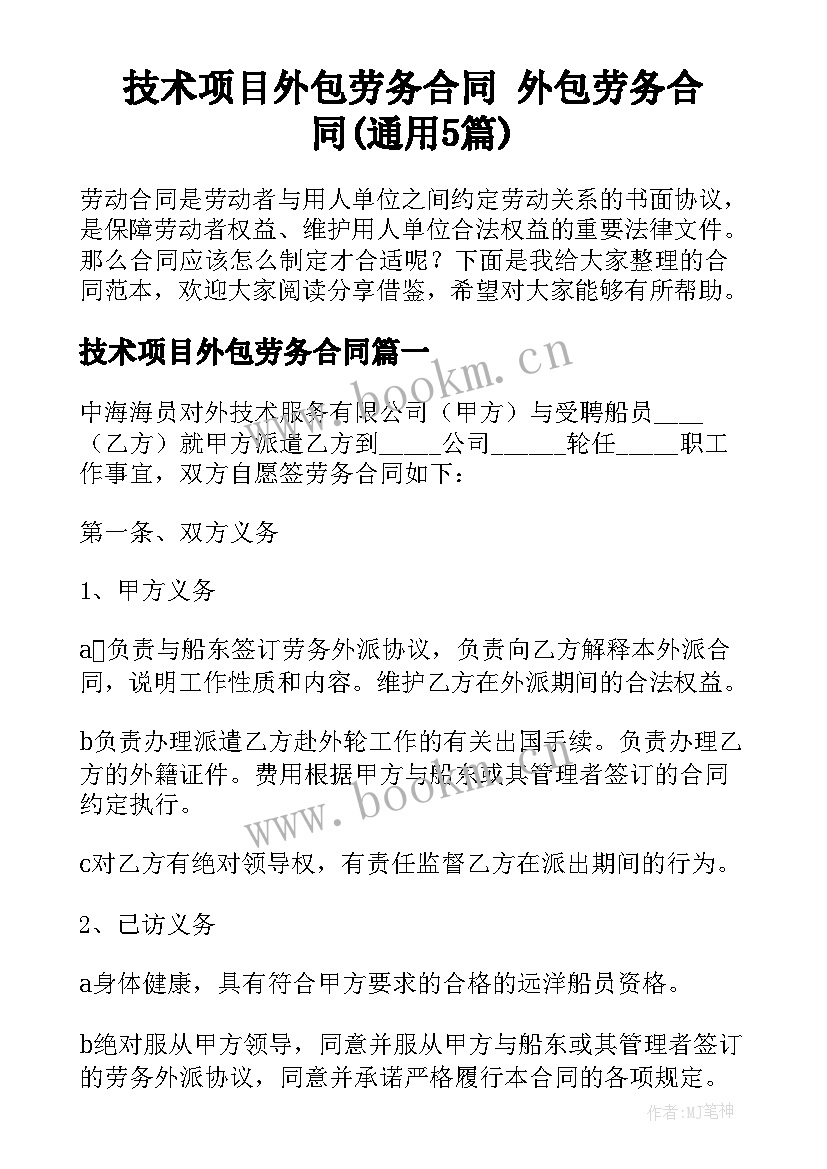 技术项目外包劳务合同 外包劳务合同(通用5篇)