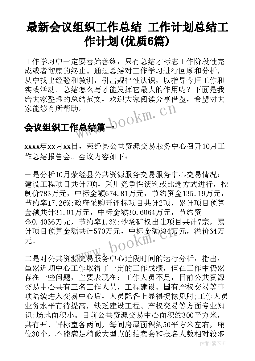 最新会议组织工作总结 工作计划总结工作计划(优质6篇)