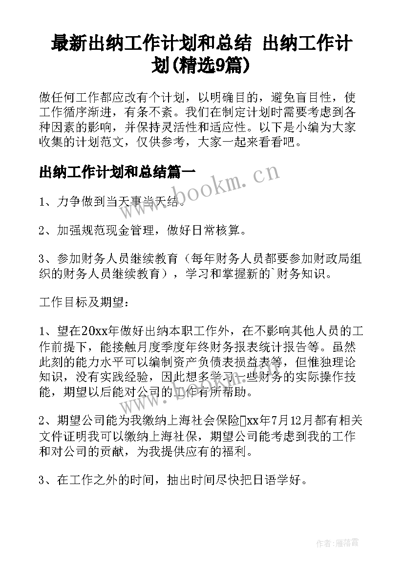 最新出纳工作计划和总结 出纳工作计划(精选9篇)