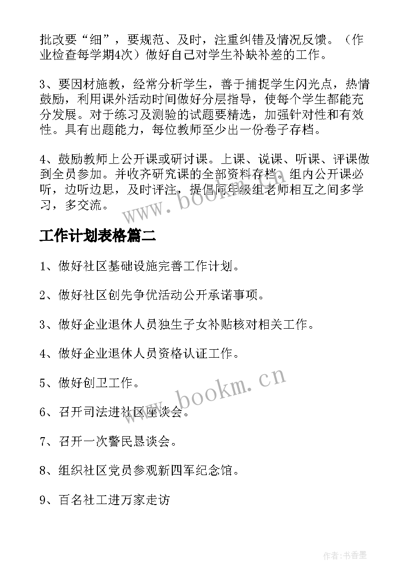 最新工作计划表格(通用6篇)