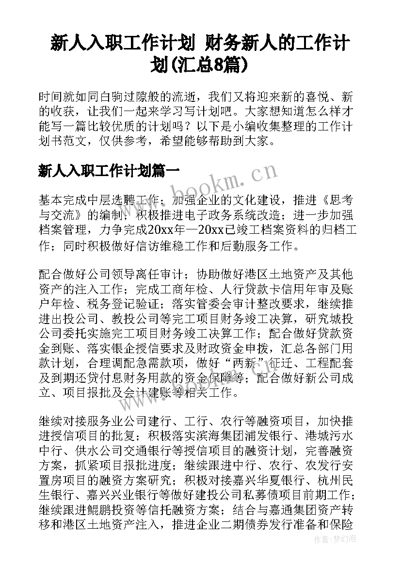 新人入职工作计划 财务新人的工作计划(汇总8篇)