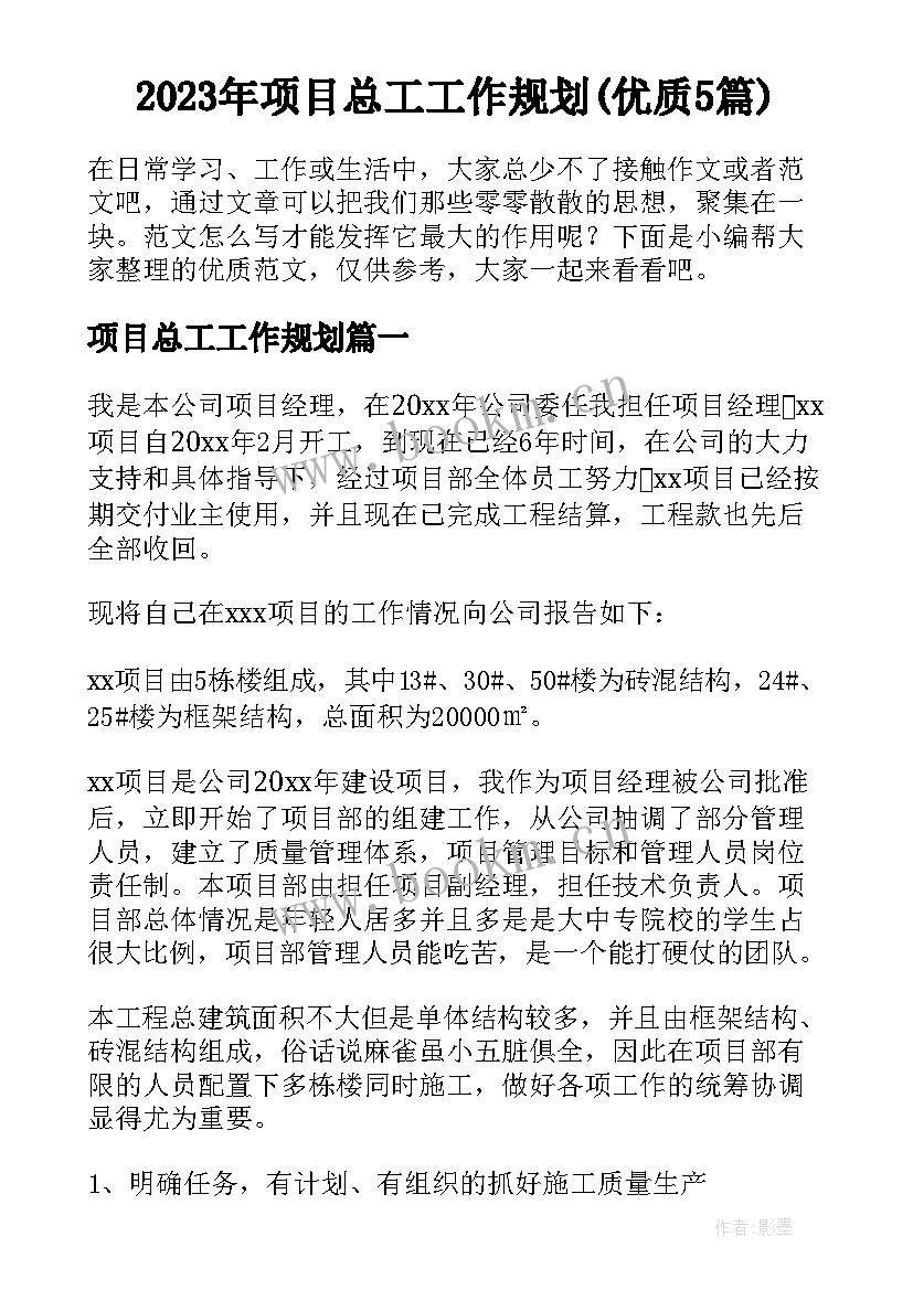 2023年项目总工工作规划(优质5篇)